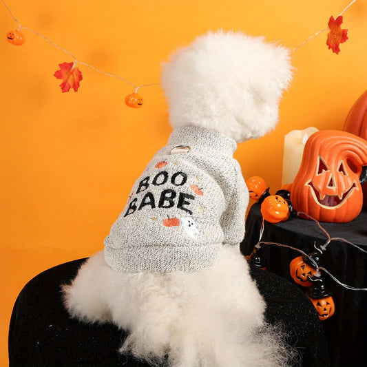 Pumpkin Ghost Pet Pullover – Soft Grey Halloween Sweater with Embroidered Charm & Leash Loop