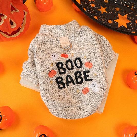Pumpkin Ghost Pet Pullover – Soft Grey Halloween Sweater with Embroidered Charm & Leash Loop