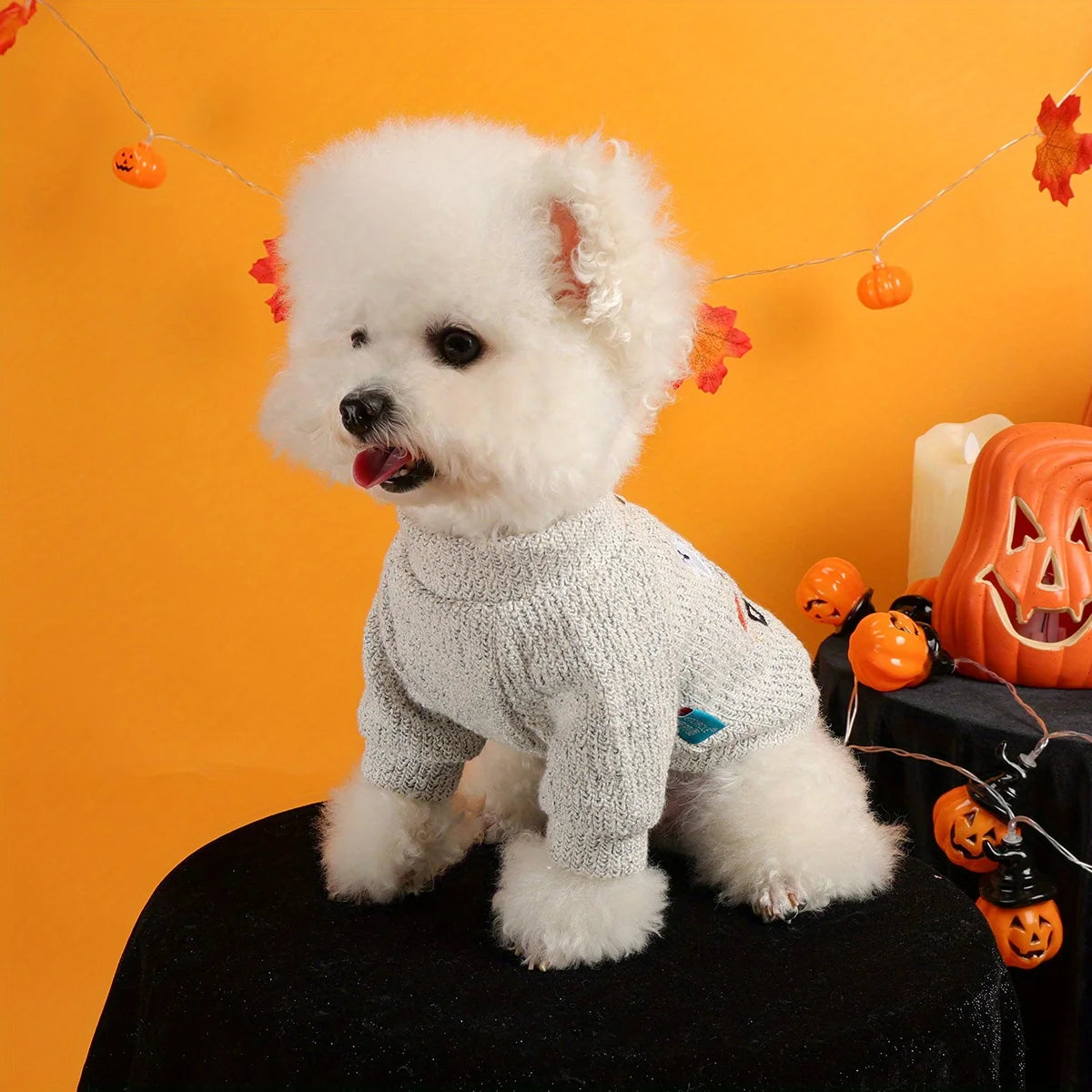 Pumpkin Ghost Pet Pullover – Soft Grey Halloween Sweater with Embroidered Charm & Leash Loop