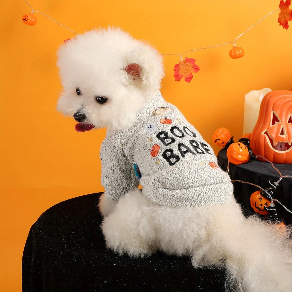 Pumpkin Ghost Pet Pullover – Soft Grey Halloween Sweater with Embroidered Charm & Leash Loop