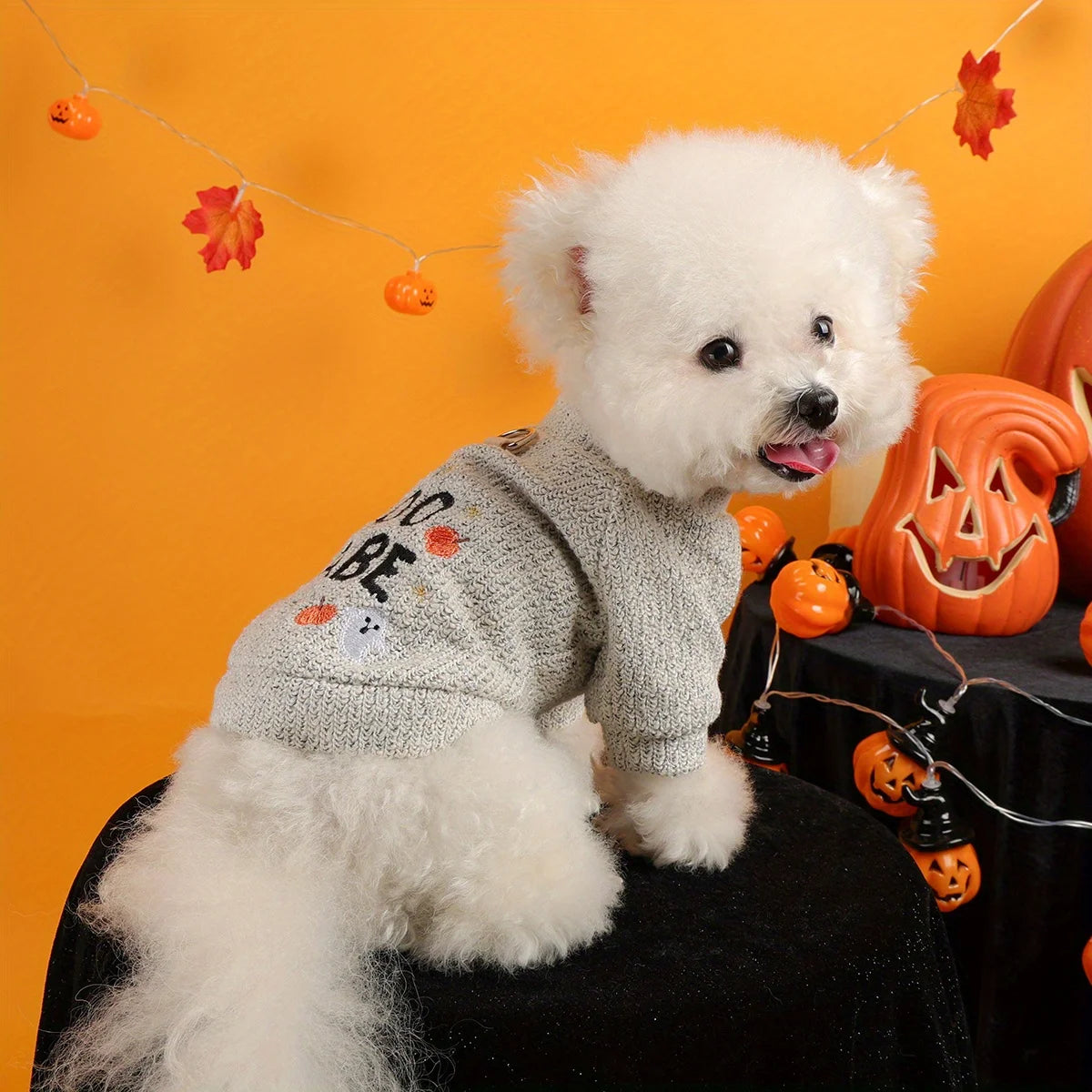 Pumpkin Ghost Pet Pullover – Soft Grey Halloween Sweater with Embroidered Charm & Leash Loop
